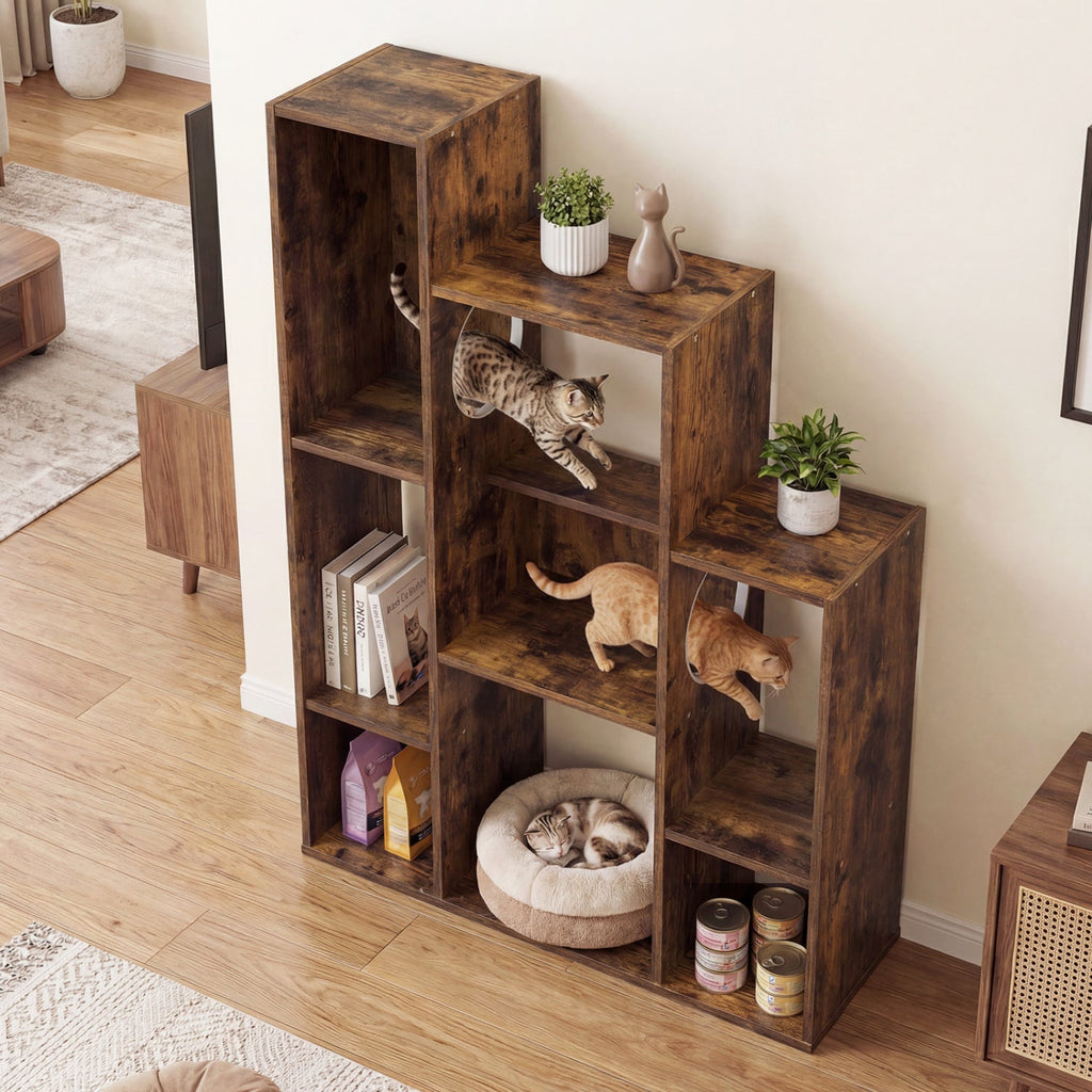 Modern Cat Bookshelf Cat Tree 8-Section Storage Cabinet with 2 Round Holes