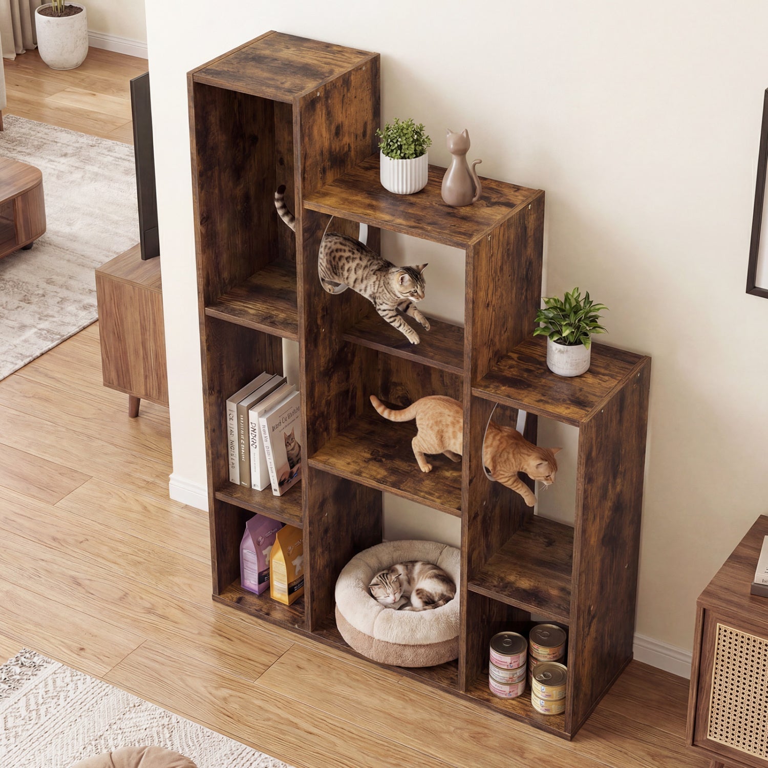 Modern Cat Bookshelf Cat Tree 8-Section Storage Cabinet with 2 Round Holes