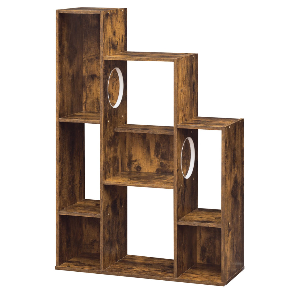 Modern Cat Bookshelf Cat Tree 8-Section Storage Cabinet with 2 Round Holes Rustic Brown