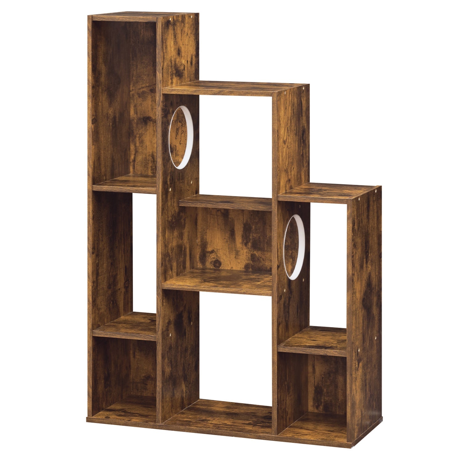 Modern Cat Bookshelf Cat Tree 8-Section Storage Cabinet with 2 Round Holes Rustic Brown