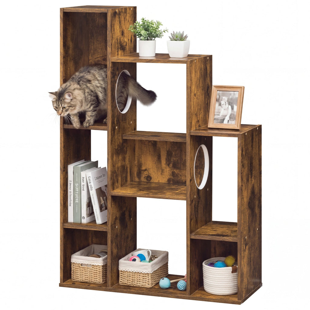 Modern Cat Bookshelf Cat Tree 8-Section Storage Cabinet with 2 Round Holes