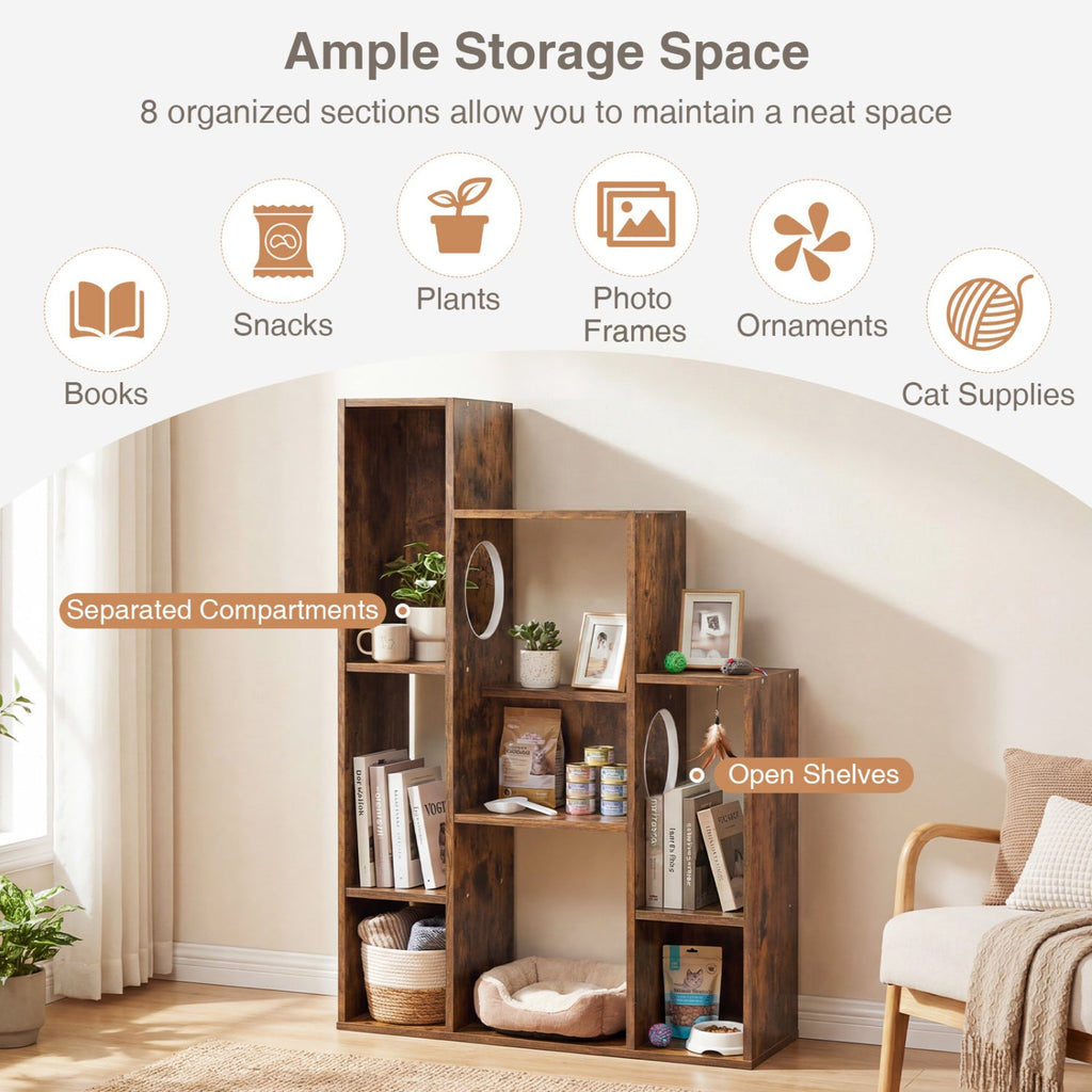 Modern Cat Bookshelf Cat Tree 8-Section Storage Cabinet with 2 Round Holes