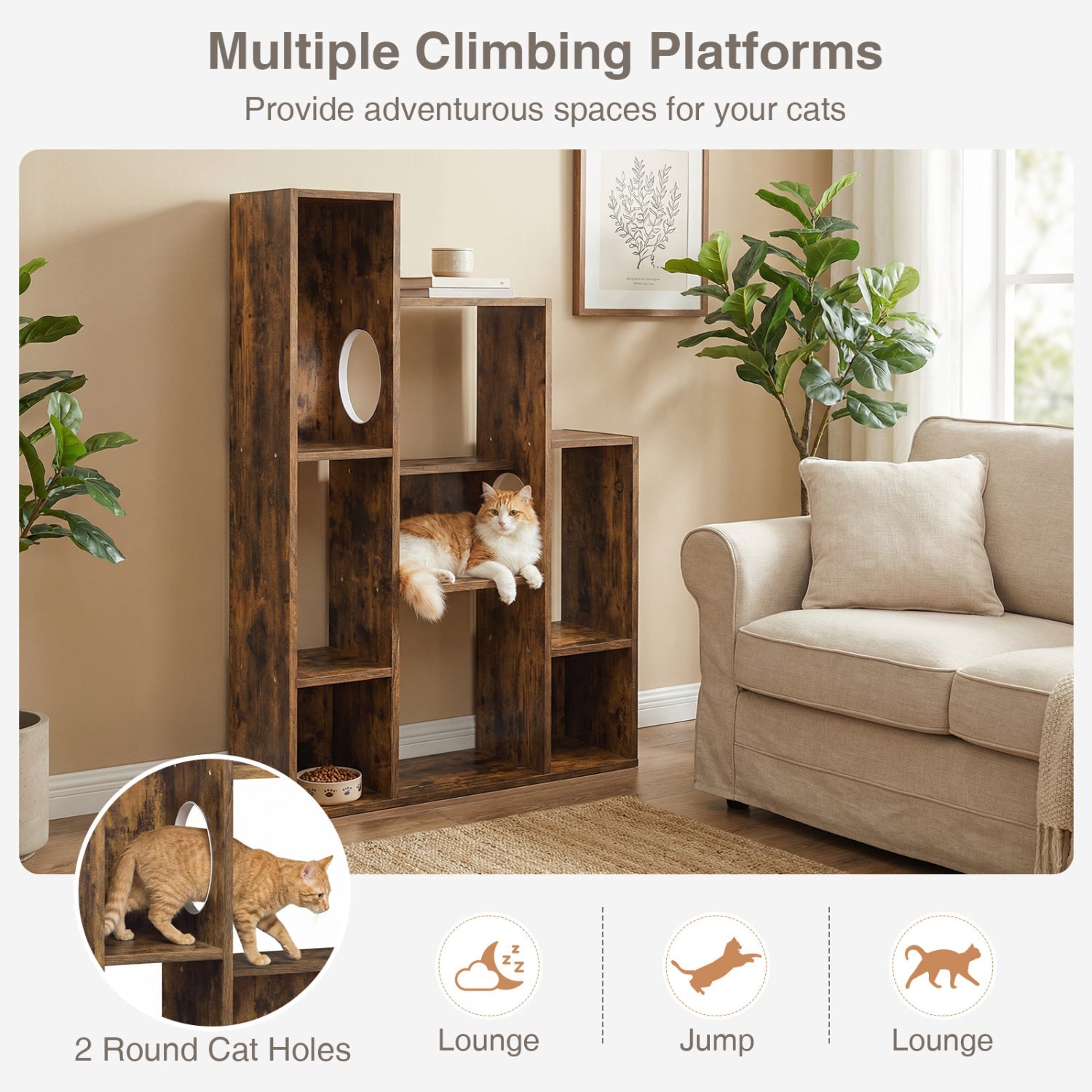 Modern Cat Bookshelf Cat Tree 8-Section Storage Cabinet with 2 Round Holes
