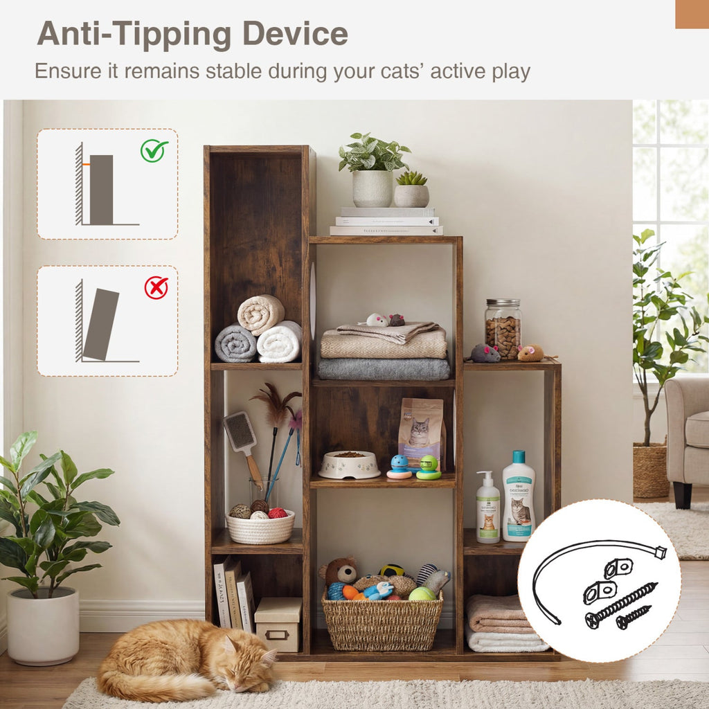 Modern Cat Bookshelf Cat Tree 8-Section Storage Cabinet with 2 Round Holes