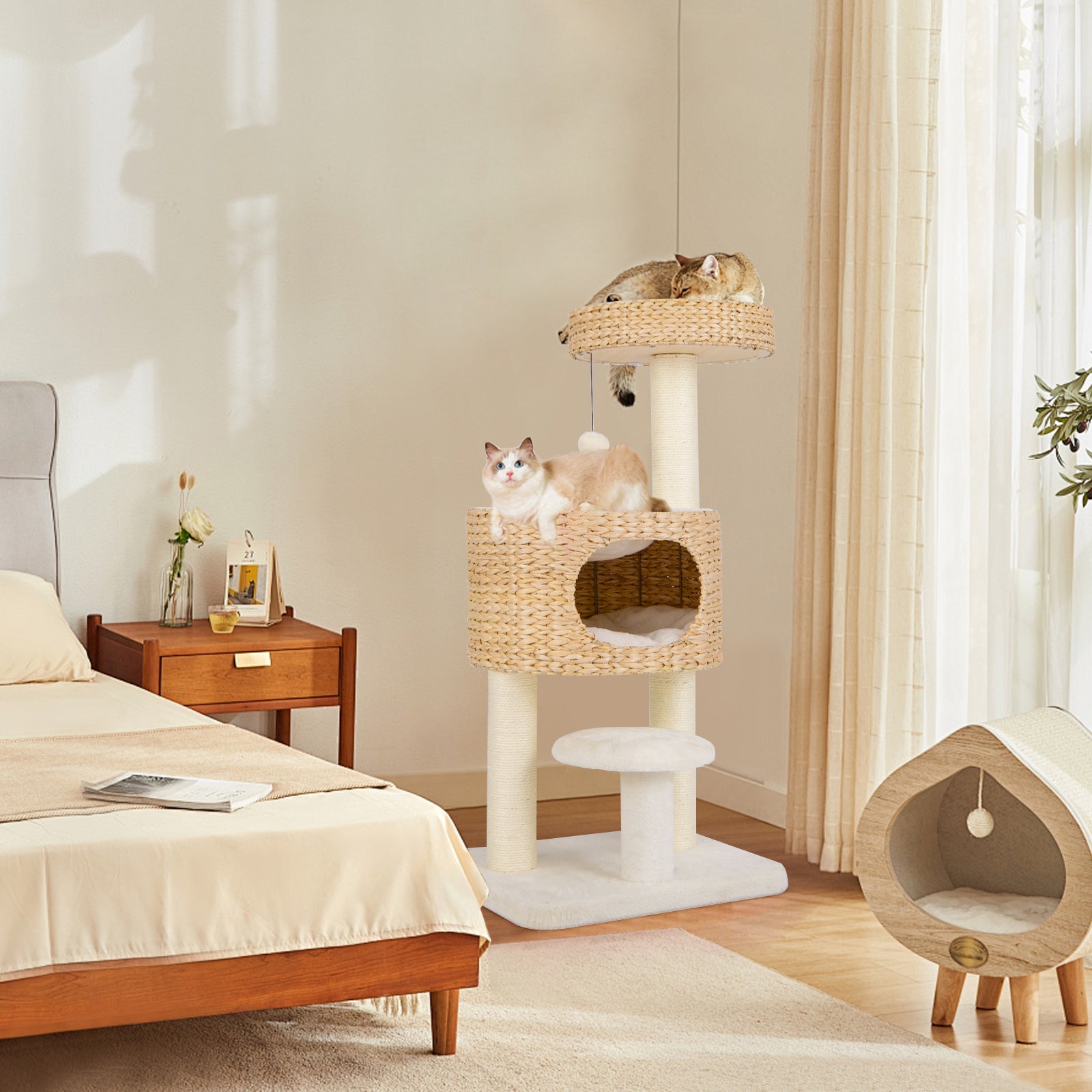 Modern Cat Tower Cat Tree with Top Perch Cattail Fluff Condo-Natural