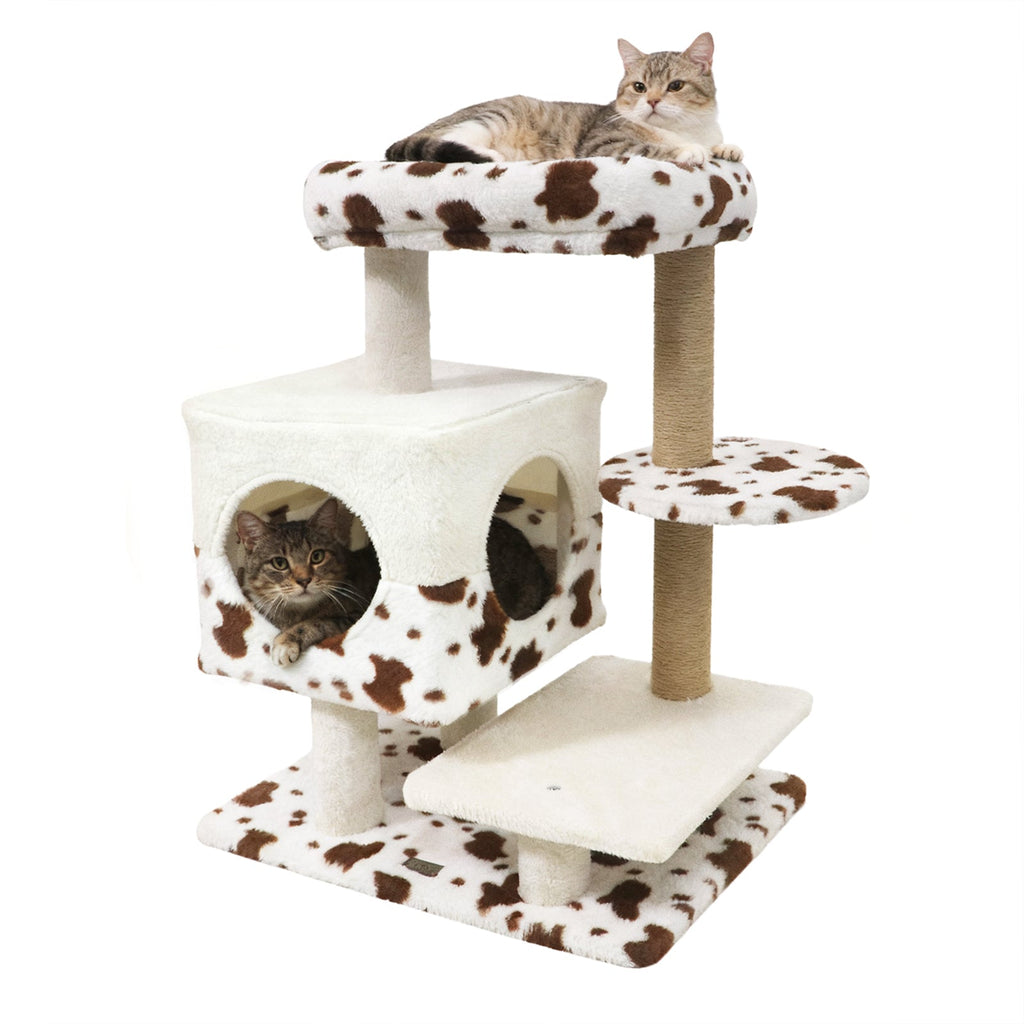 Modern Cat Tree Indoor Cat Tower with Wide Upholstered Perch and 2-Entrance Cat Condo-White Default Title