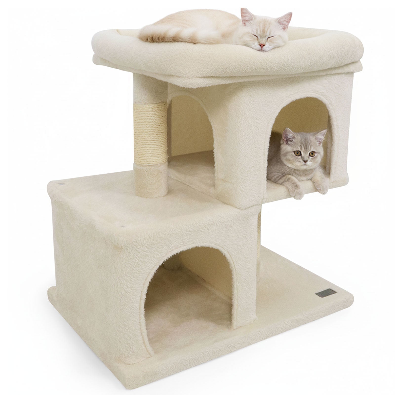 Modern Cat Tree Space-saving Cat Tower with Upholstered Perch and 2 Cat Condos Beige