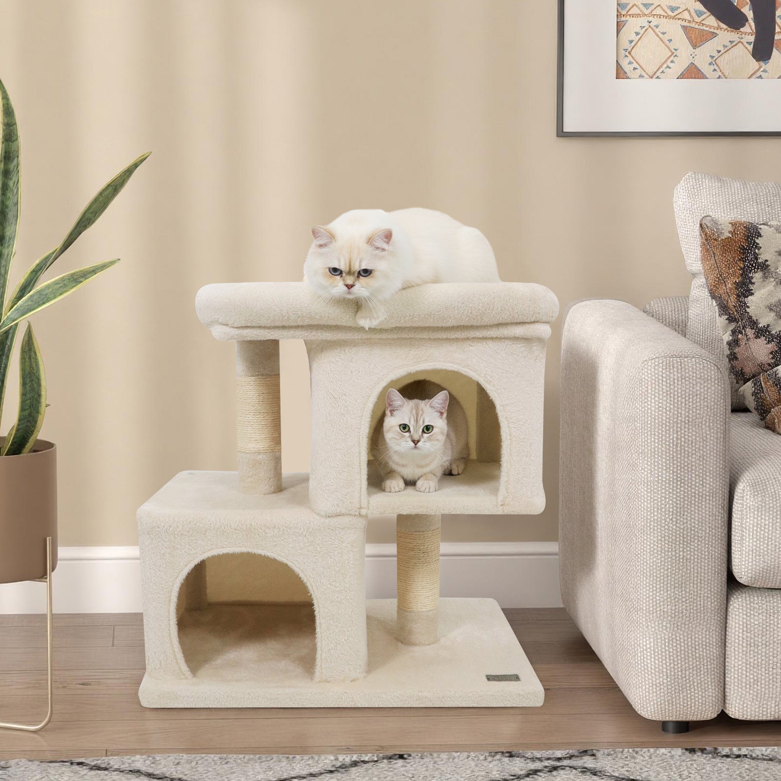 Modern Cat Tree Space-saving Cat Tower with Upholstered Perch and 2 Cat Condos
