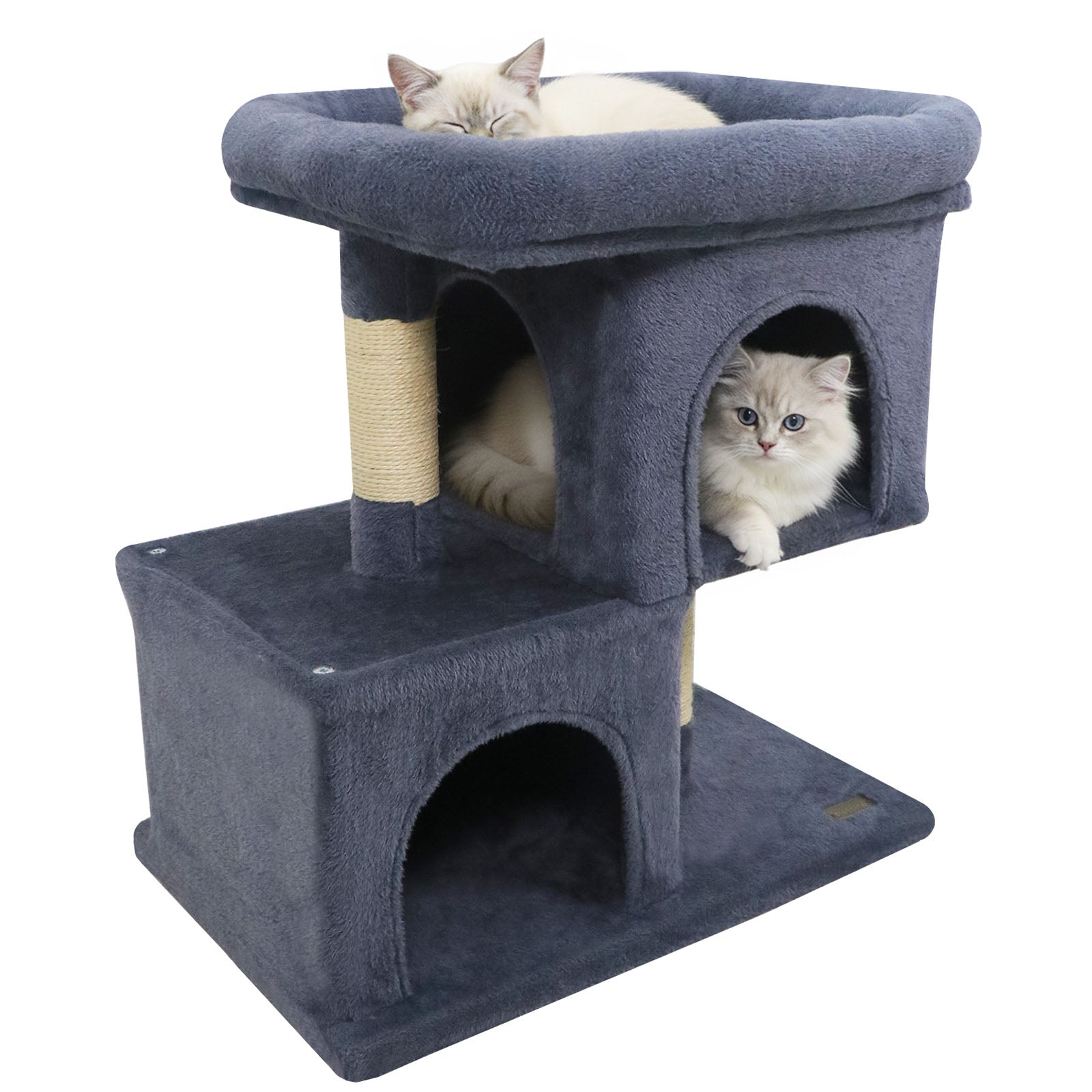 Modern Cat Tree Space-saving Cat Tower with Upholstered Perch and 2 Cat Condos Grey