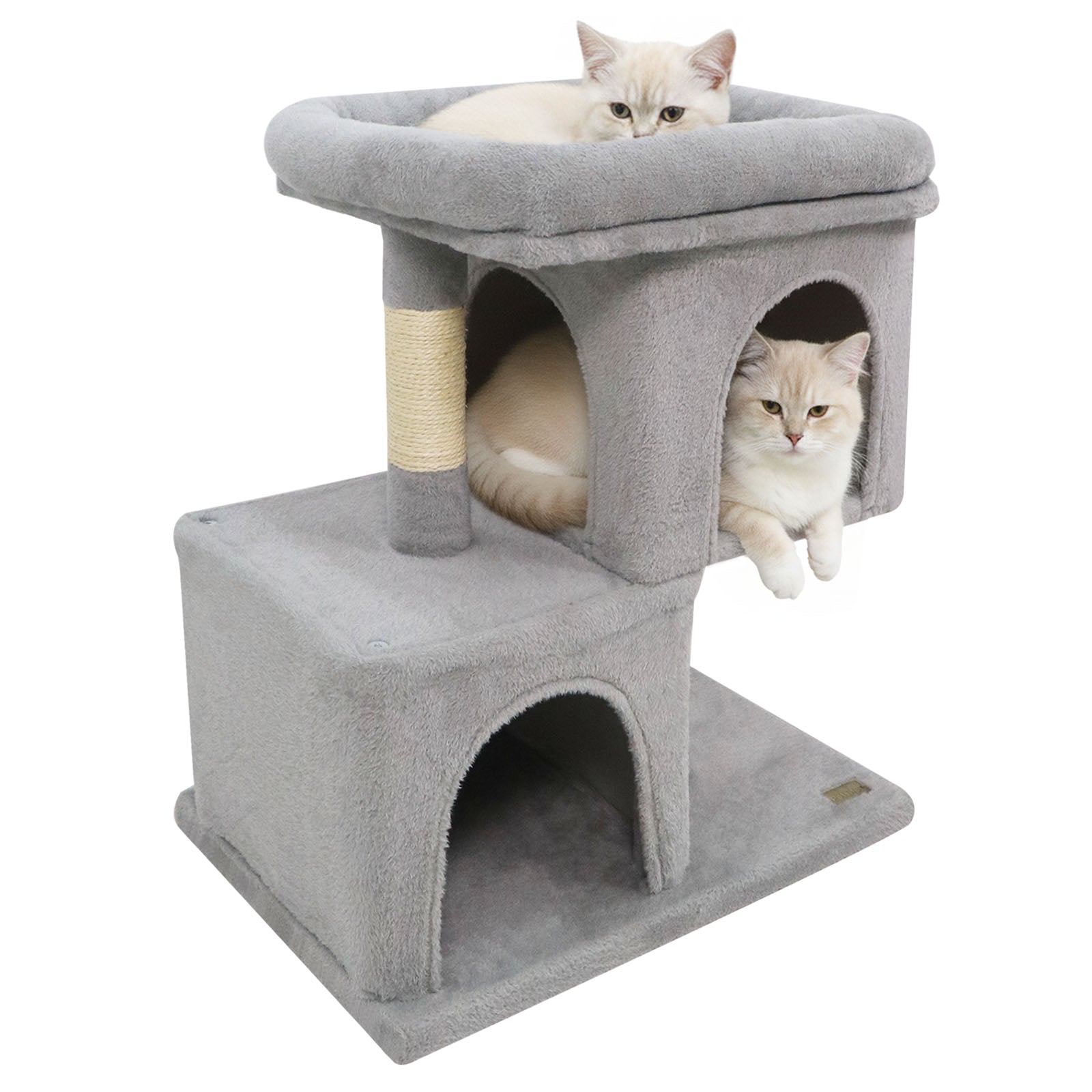 Modern Cat Tree Space-saving Cat Tower with Upholstered Perch and 2 Cat Condos Gray