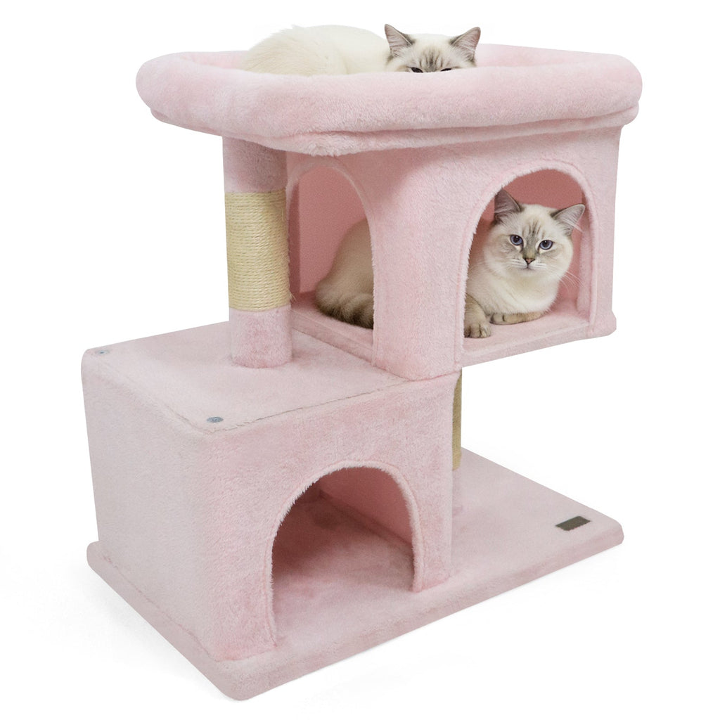 Modern Cat Tree Space-saving Cat Tower with Upholstered Perch and 2 Cat Condos Pink