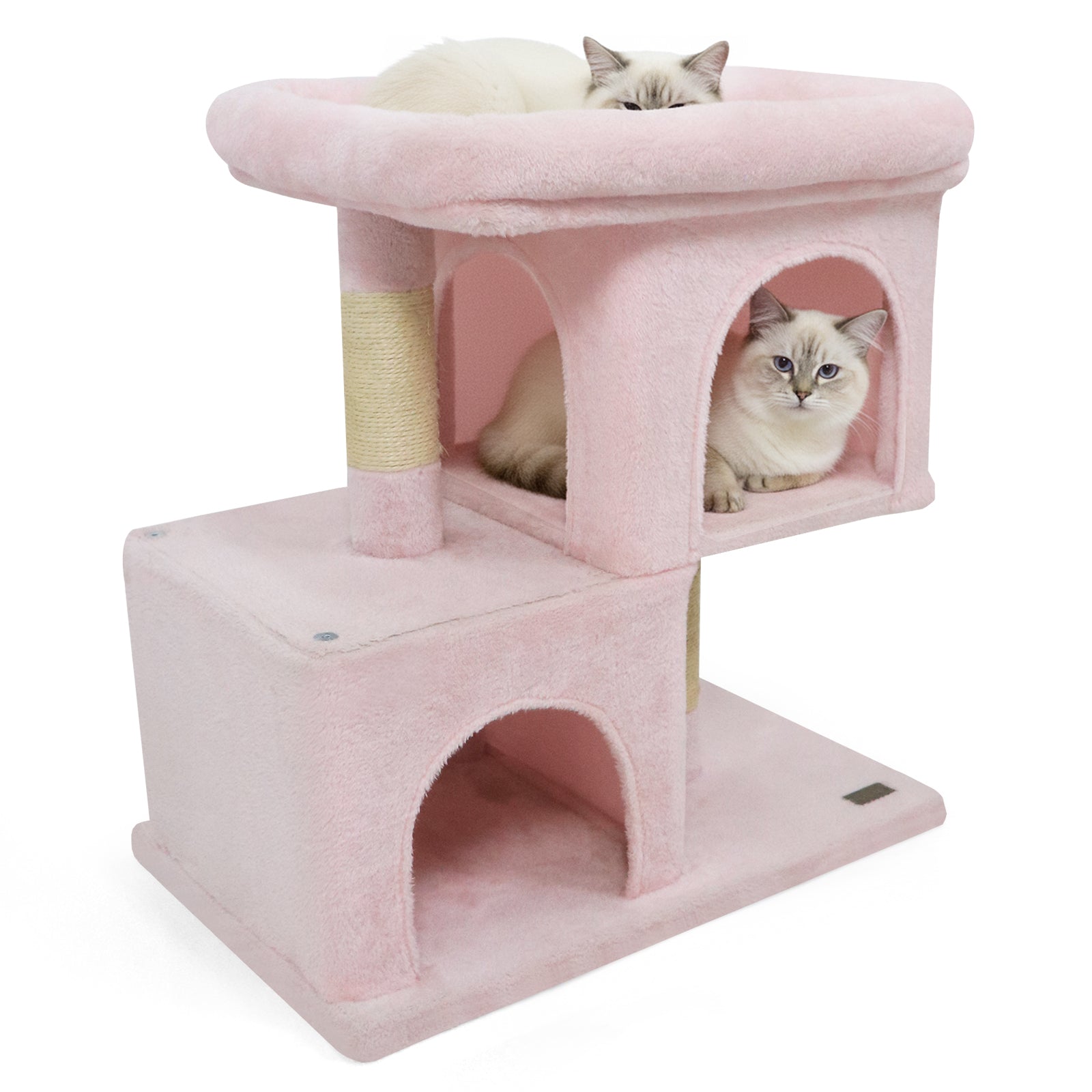 Modern Cat Tree Space-saving Cat Tower with Upholstered Perch and 2 Cat Condos Pink
