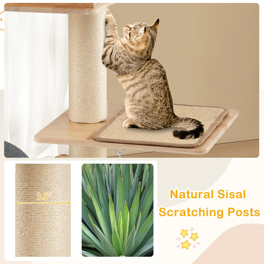 Modern Tall Cat Tower with Double Condos with Dangling Balls and Sisal Carpets-Natural