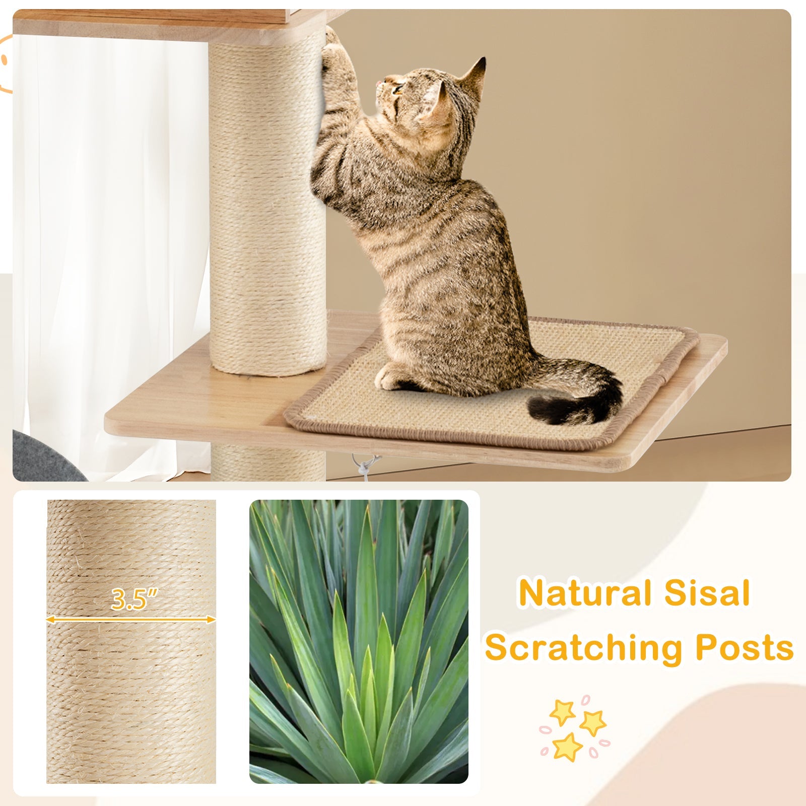 Modern Tall Cat Tower with Double Condos with Dangling Balls and Sisal Carpets-Natural