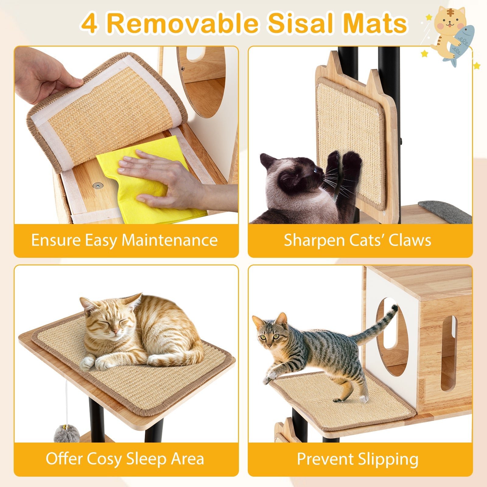 Modern Tall Cat Tower with Double Condos with Dangling Balls and Sisal Carpets-Natural