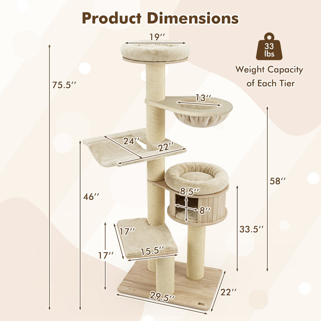75.5" Tall Cat Tree with Sisal Posts, Hammock & Basket