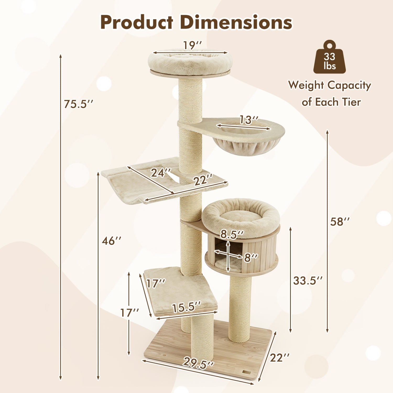 75.5" Tall Cat Tree with Sisal Posts, Hammock & Basket