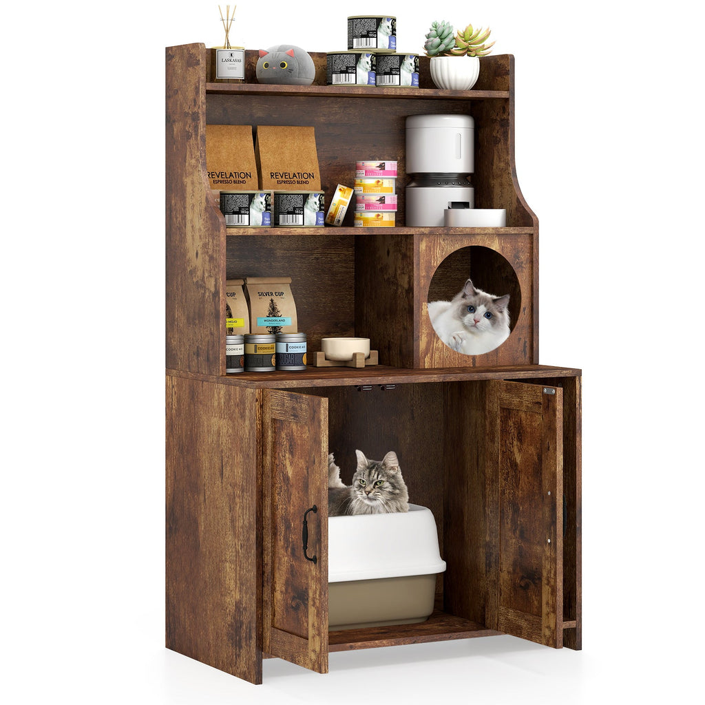 Modern Wooden Industrial Cat Litter Box Enclosure with Storage Shelves-Brown Default Title