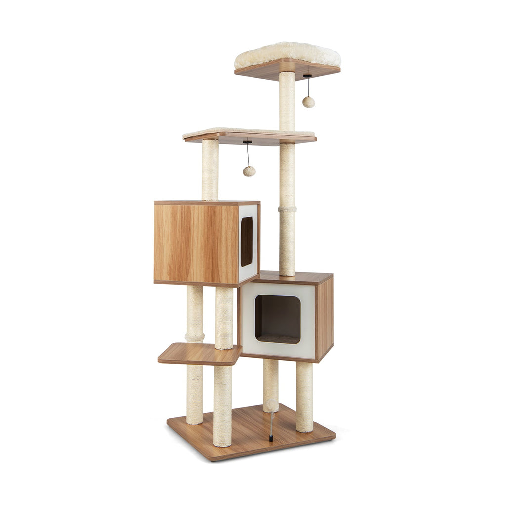 Modern Wooden Cat Tree with Perch Condos and Washable Cushions-Natural Default Title