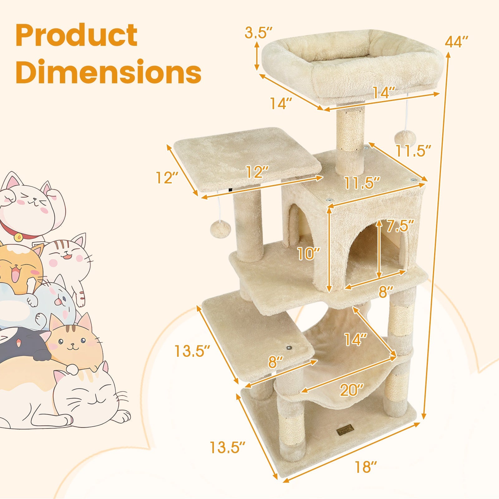 Multi-Level Cat Tower with 2-Door Condo and Padded Top Perch