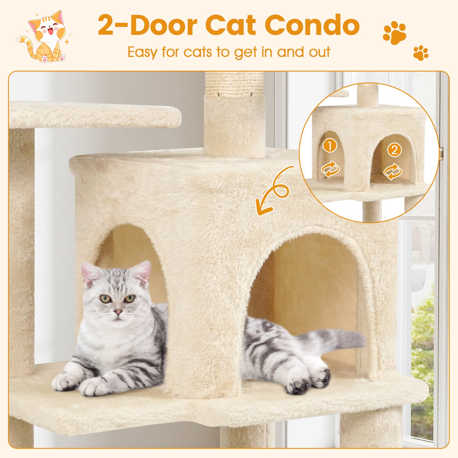 Multi-Level Cat Tower with 2-Door Condo and Padded Top Perch