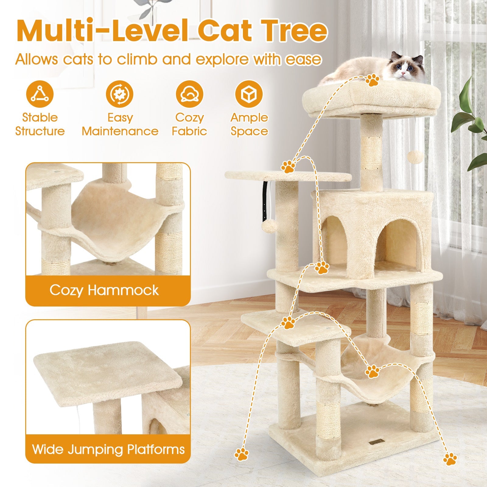 Multi-Level Cat Tower with 2-Door Condo and Padded Top Perch