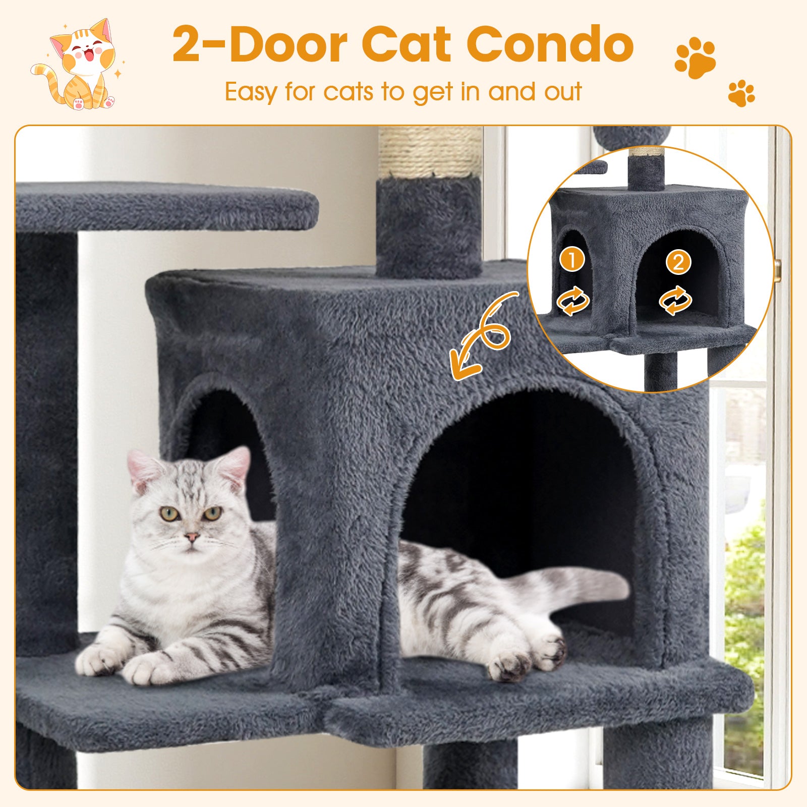 Multi-Level Cat Tower with 2-Door Condo and Padded Top Perch