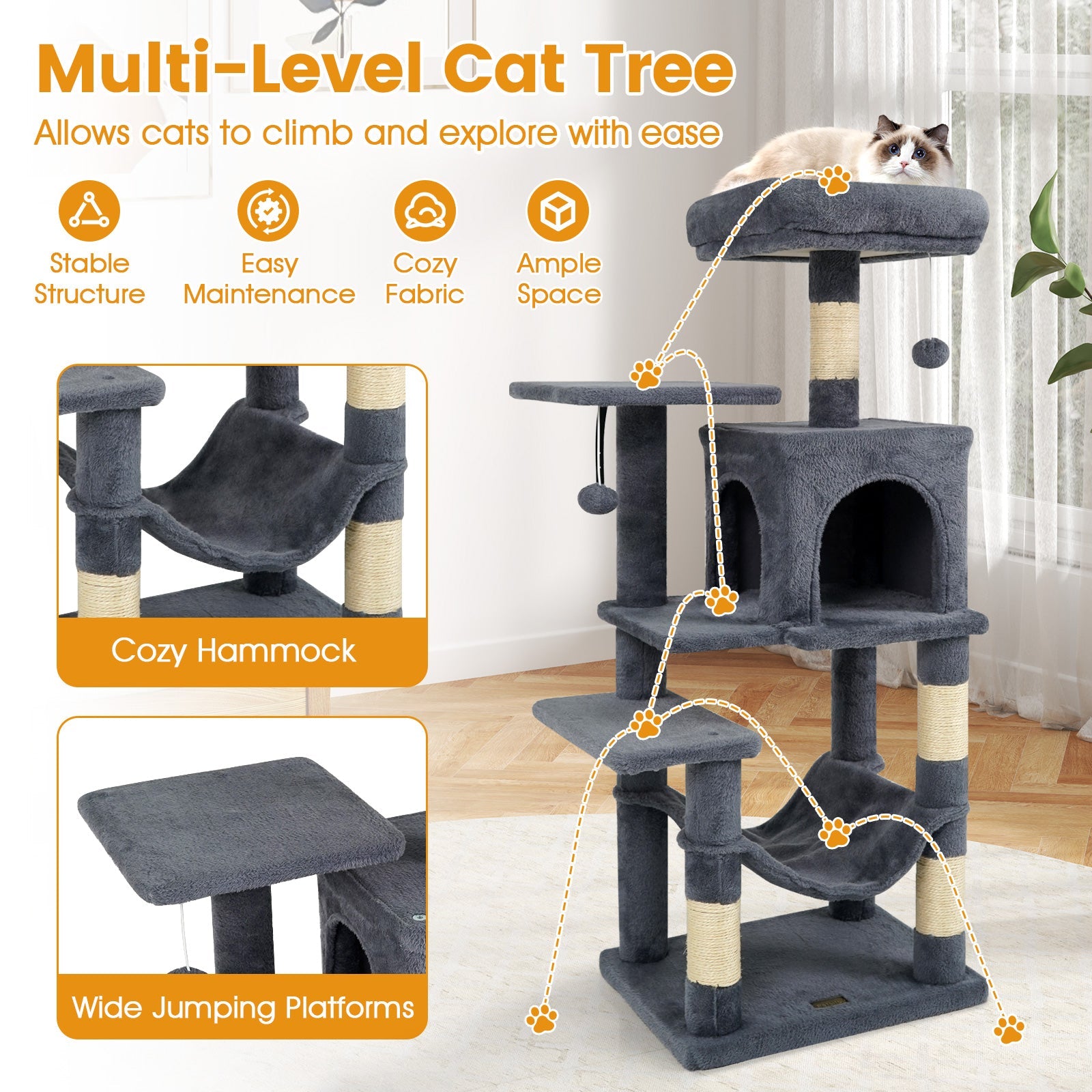 Multi-Level Cat Tower with 2-Door Condo and Padded Top Perch