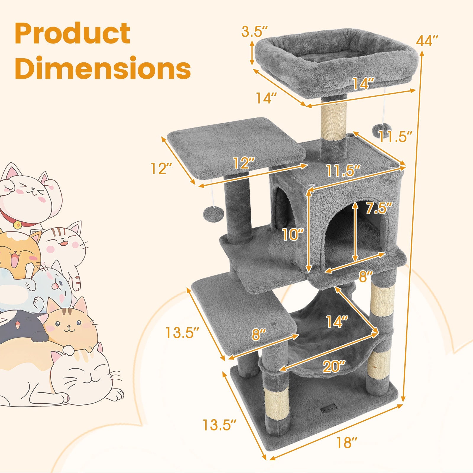 Multi-Level Cat Tower with 2-Door Condo and Padded Top Perch
