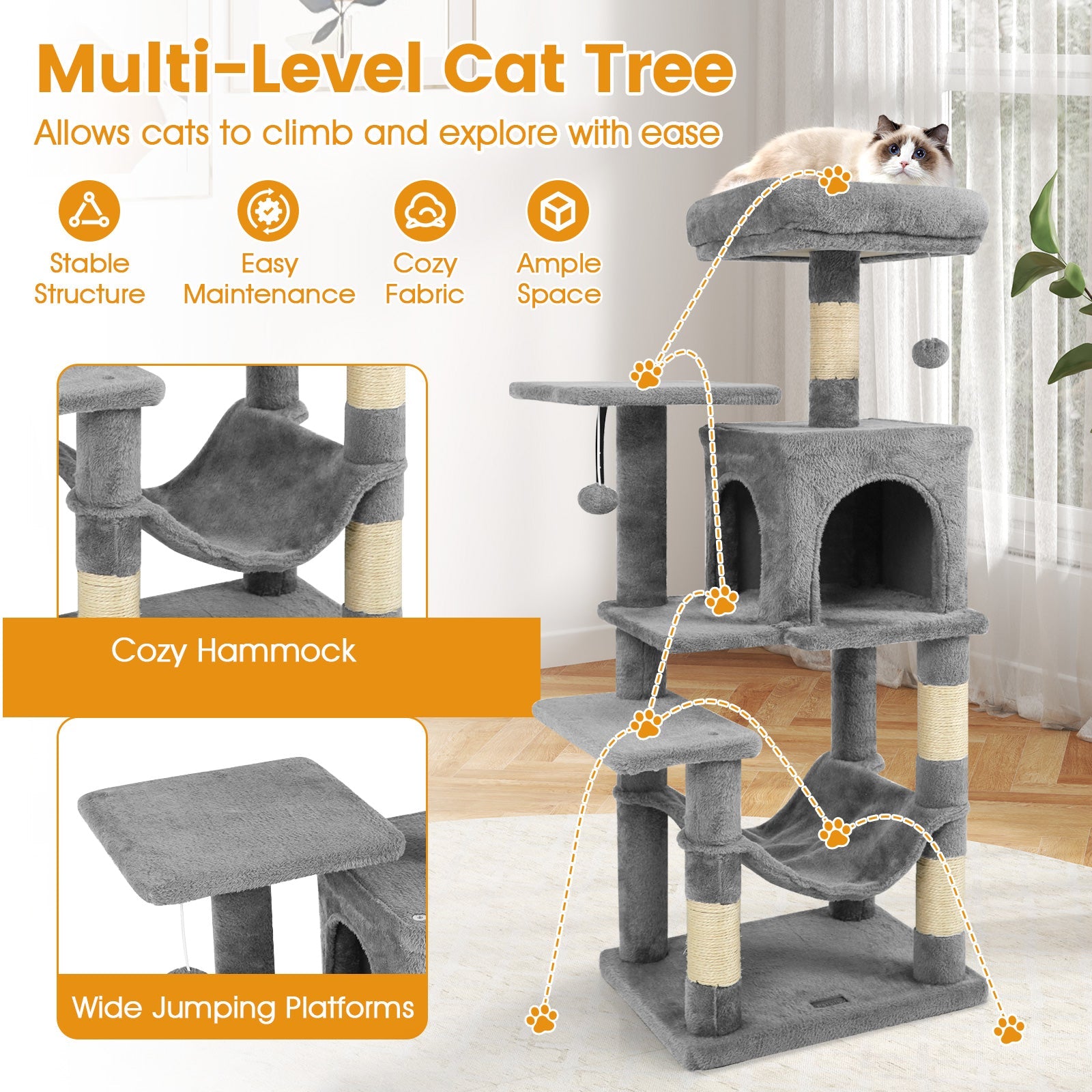 Multi-Level Cat Tower with 2-Door Condo and Padded Top Perch
