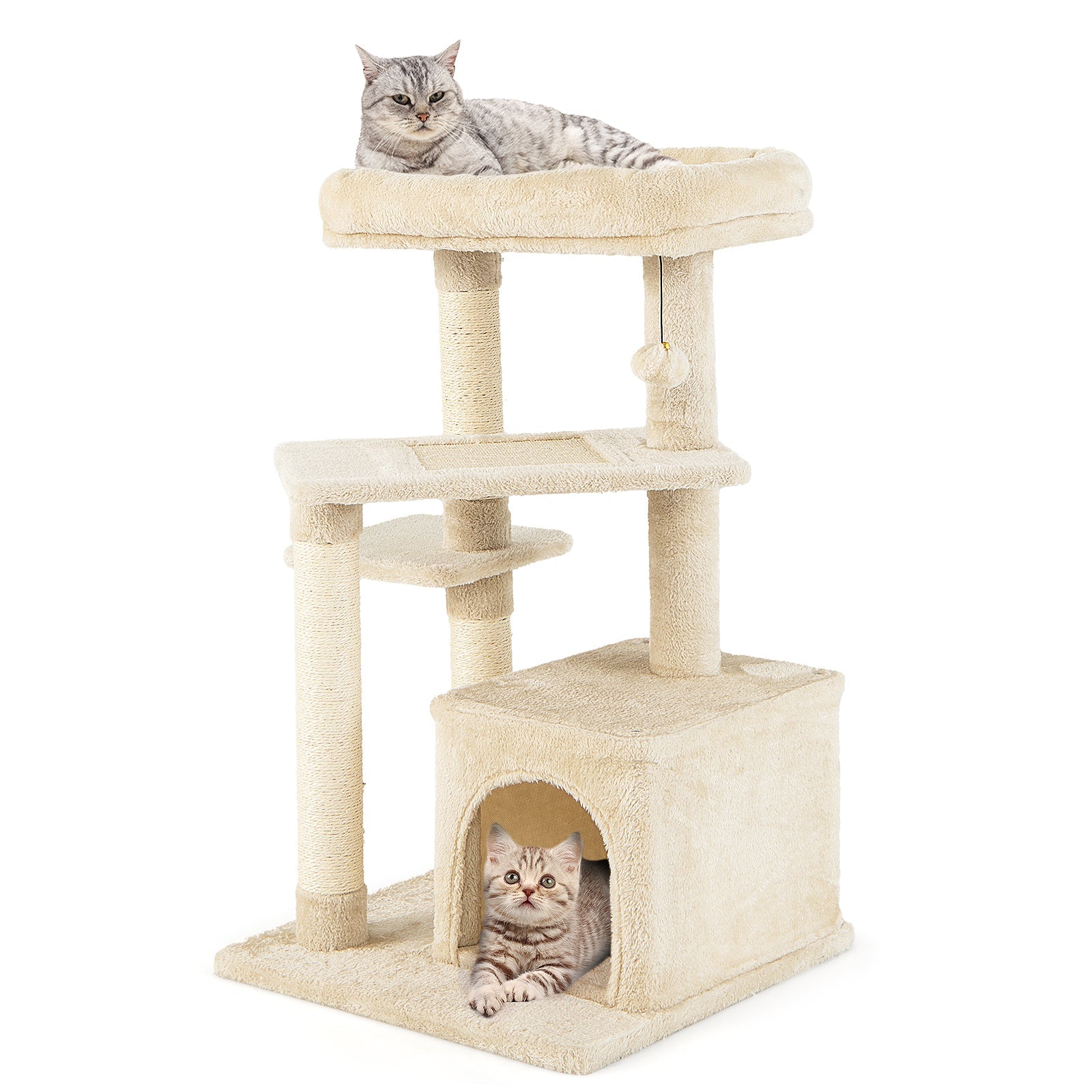 Cat Tree with Perch and Hanging Ball for Indoor Activity Play and Rest Beige