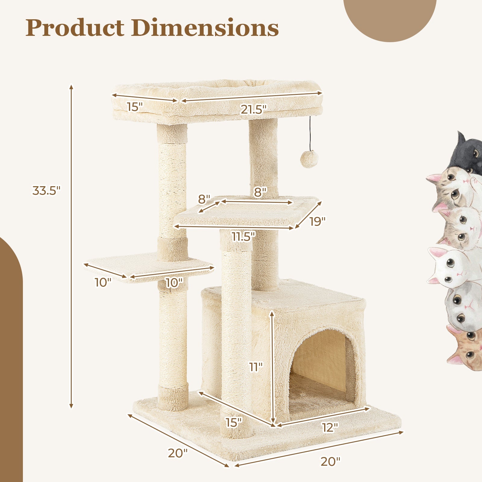 Cat Tree with Perch and Hanging Ball for Indoor Activity Play and Rest