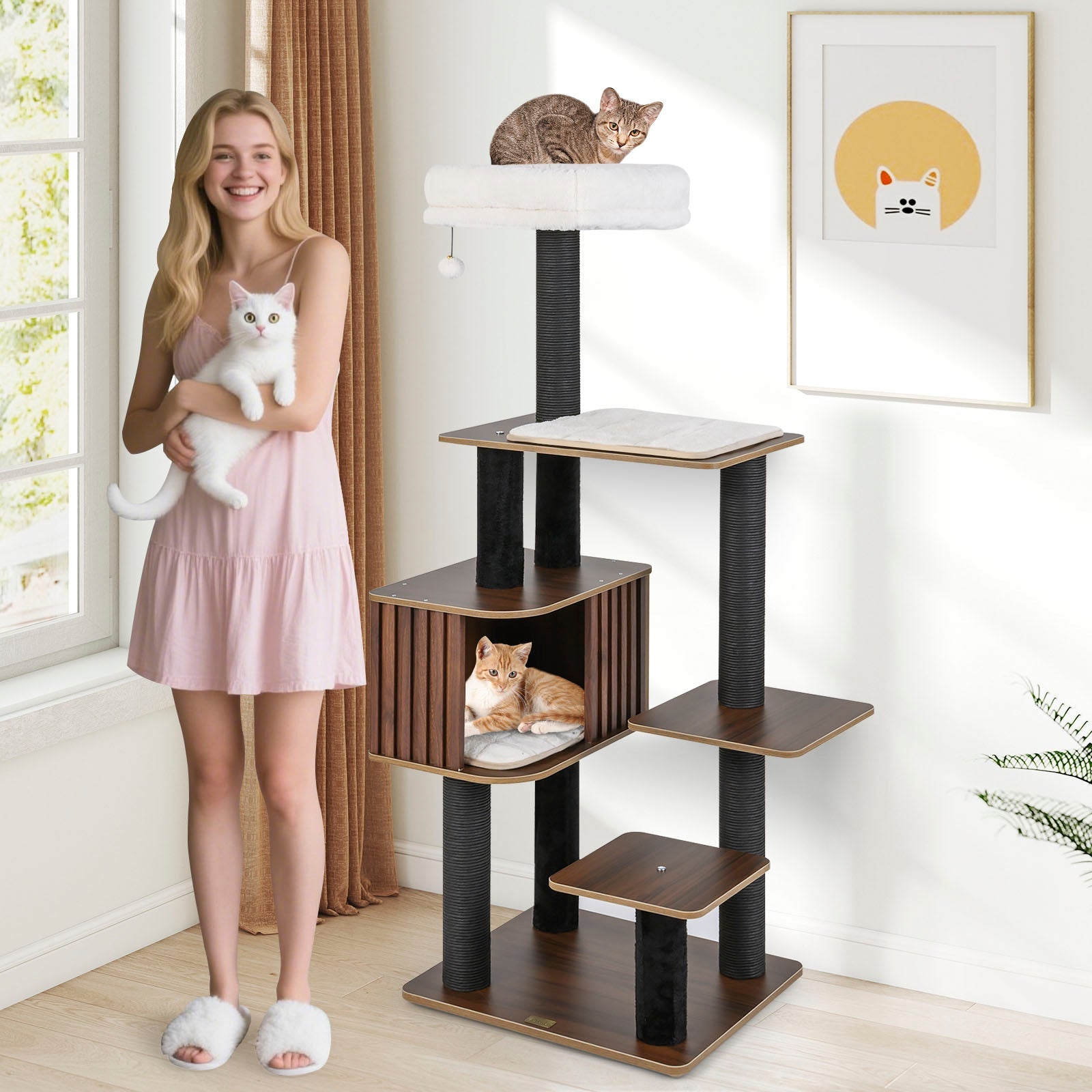 Multi-level Cat Tree for Indoor Cat 59.5 inch Tall Cat Tower with Cushion Top Perch
