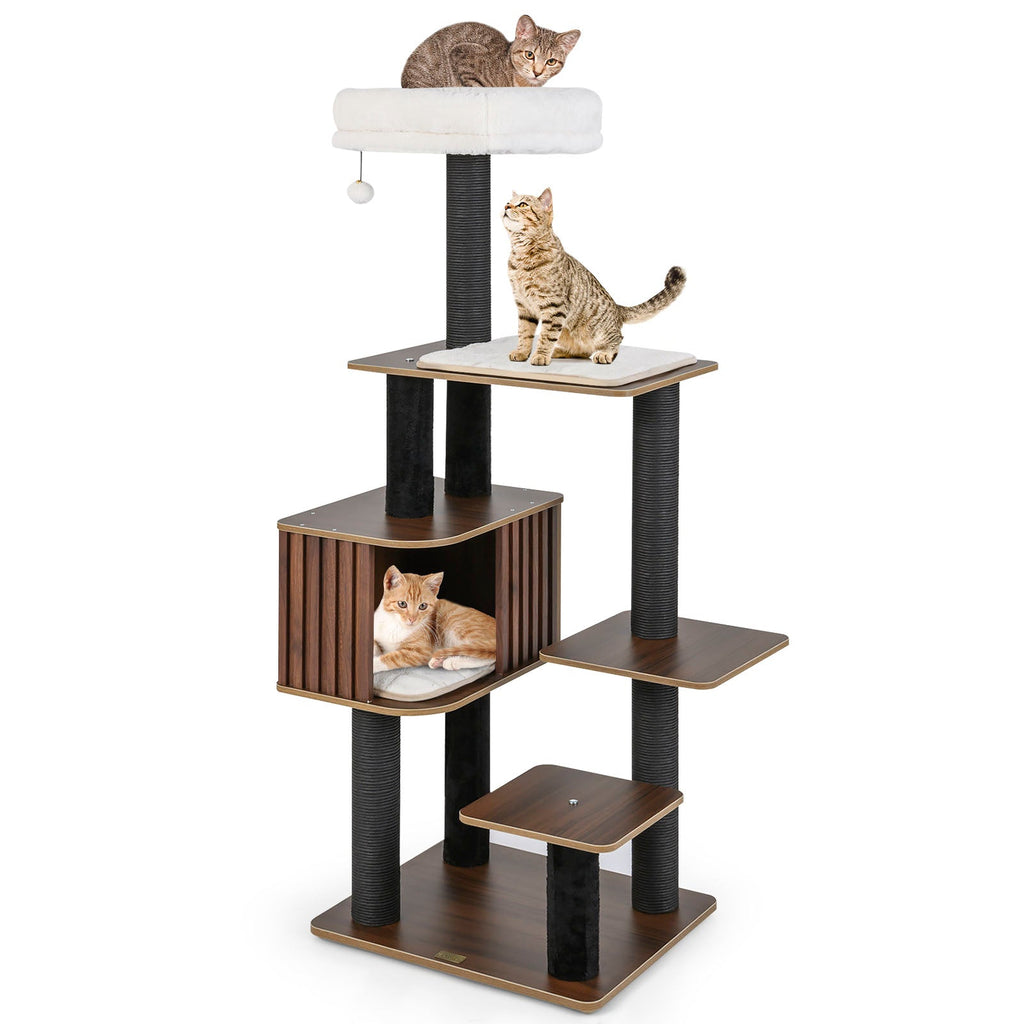 Multi-level Cat Tree for Indoor Cat 59.5 inch Tall Cat Tower with Cushion Top Perch Brown