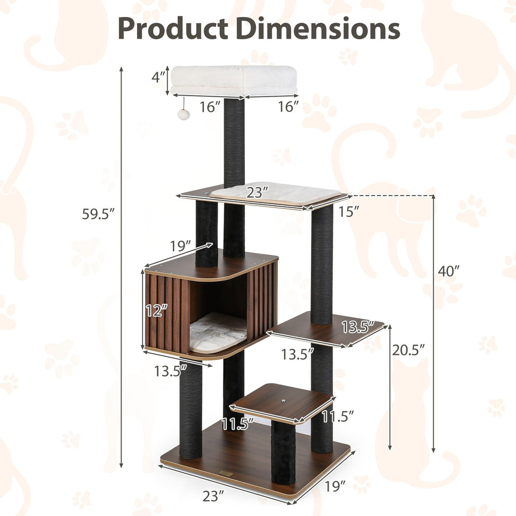 Multi-level Cat Tree for Indoor Cat 59.5 inch Tall Cat Tower with Cushion Top Perch