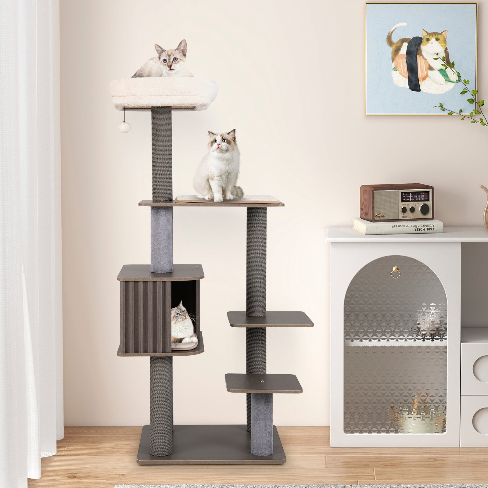 Multi-level Cat Tree for Indoor Cat 59.5 inch Tall Cat Tower with Cushion Top Perch