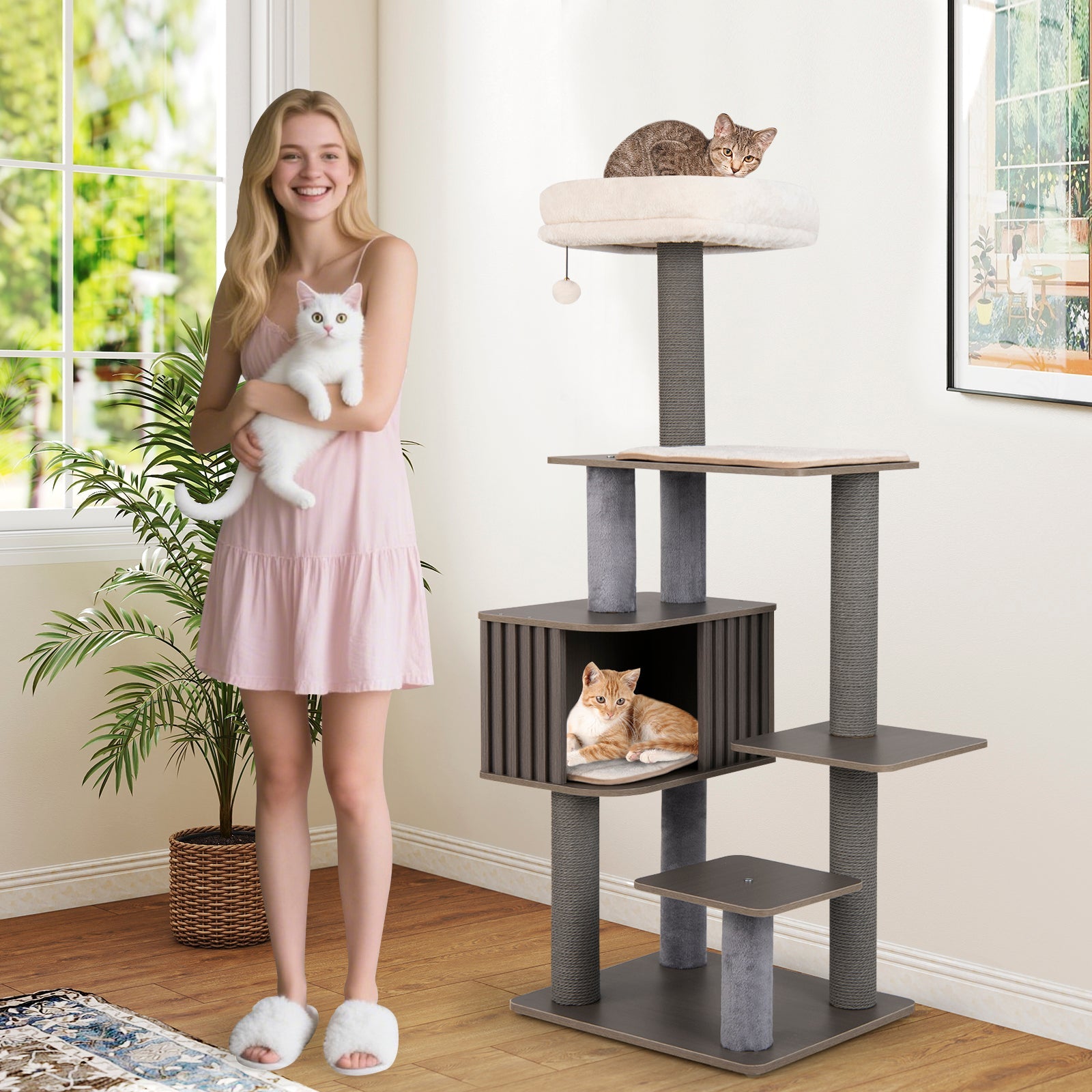 Multi-level Cat Tree for Indoor Cat 59.5 inch Tall Cat Tower with Cushion Top Perch