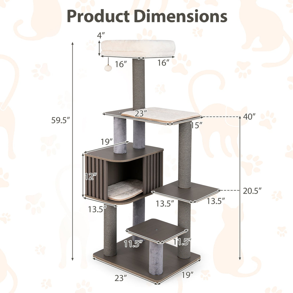 Multi-level Cat Tree for Indoor Cat 59.5 inch Tall Cat Tower with Cushion Top Perch