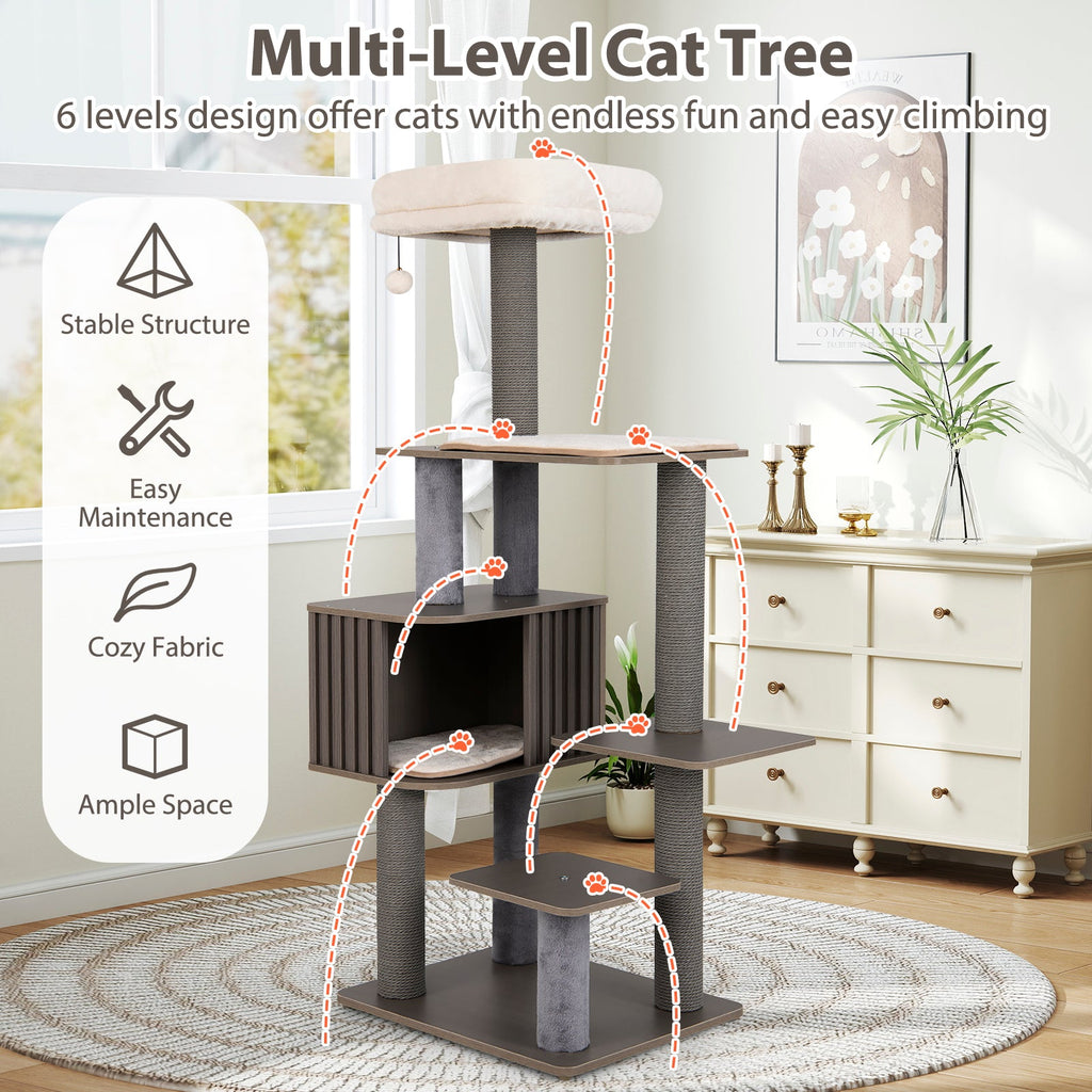 Multi-level Cat Tree for Indoor Cat 59.5 inch Tall Cat Tower with Cushion Top Perch