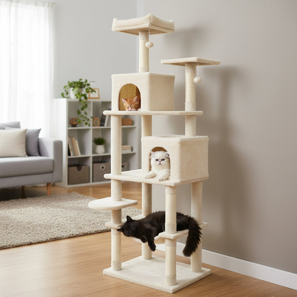 Multi-level Cat Tree Modern Cat Tower with Upholstered Perch and 2 Cat Condo
