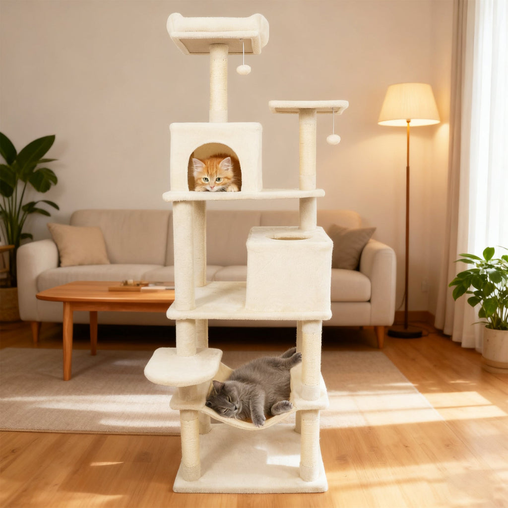 Multi-level Cat Tree Modern Cat Tower with Upholstered Perch and 2 Cat Condo