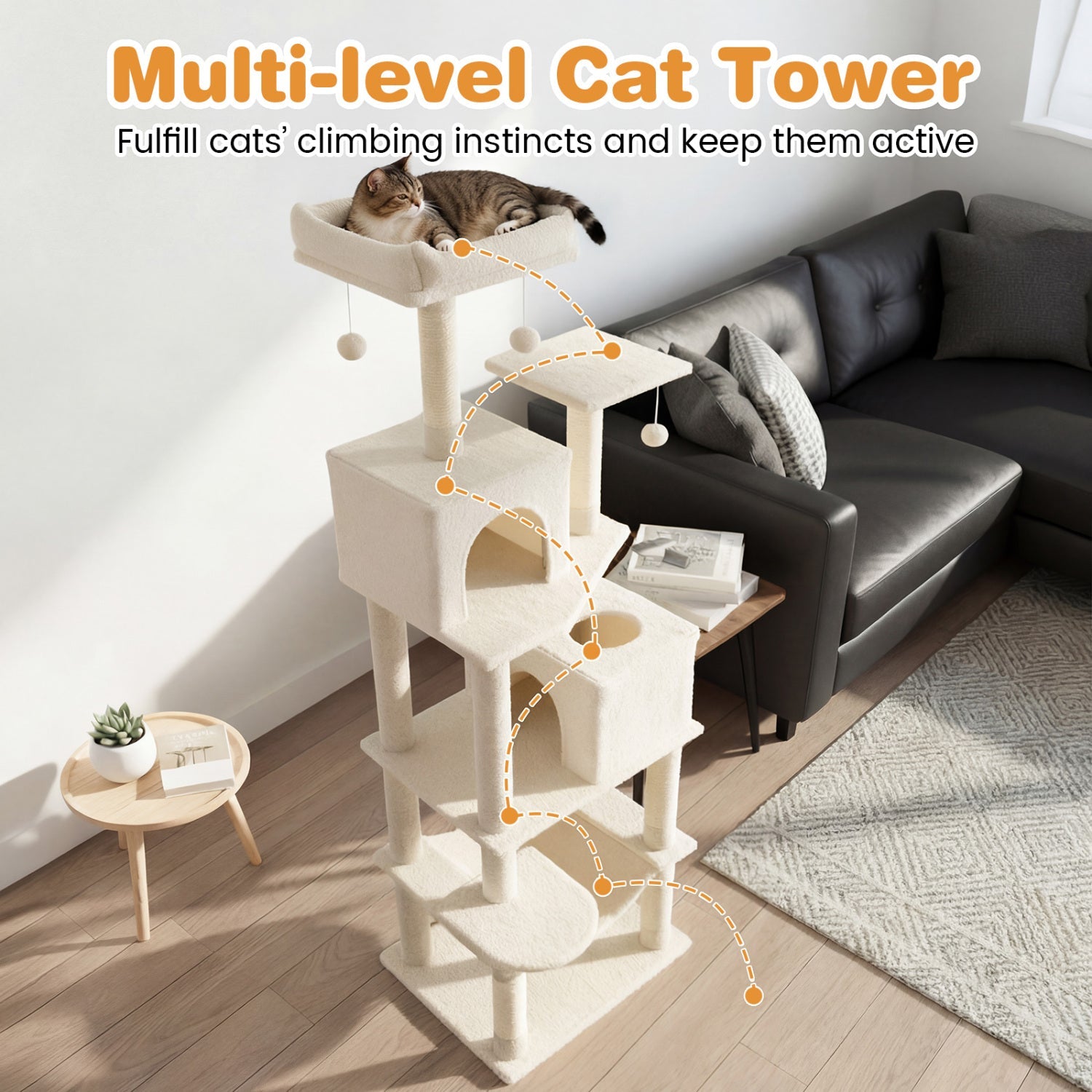 Multi-level Cat Tree Modern Cat Tower with Upholstered Perch and 2 Cat Condo