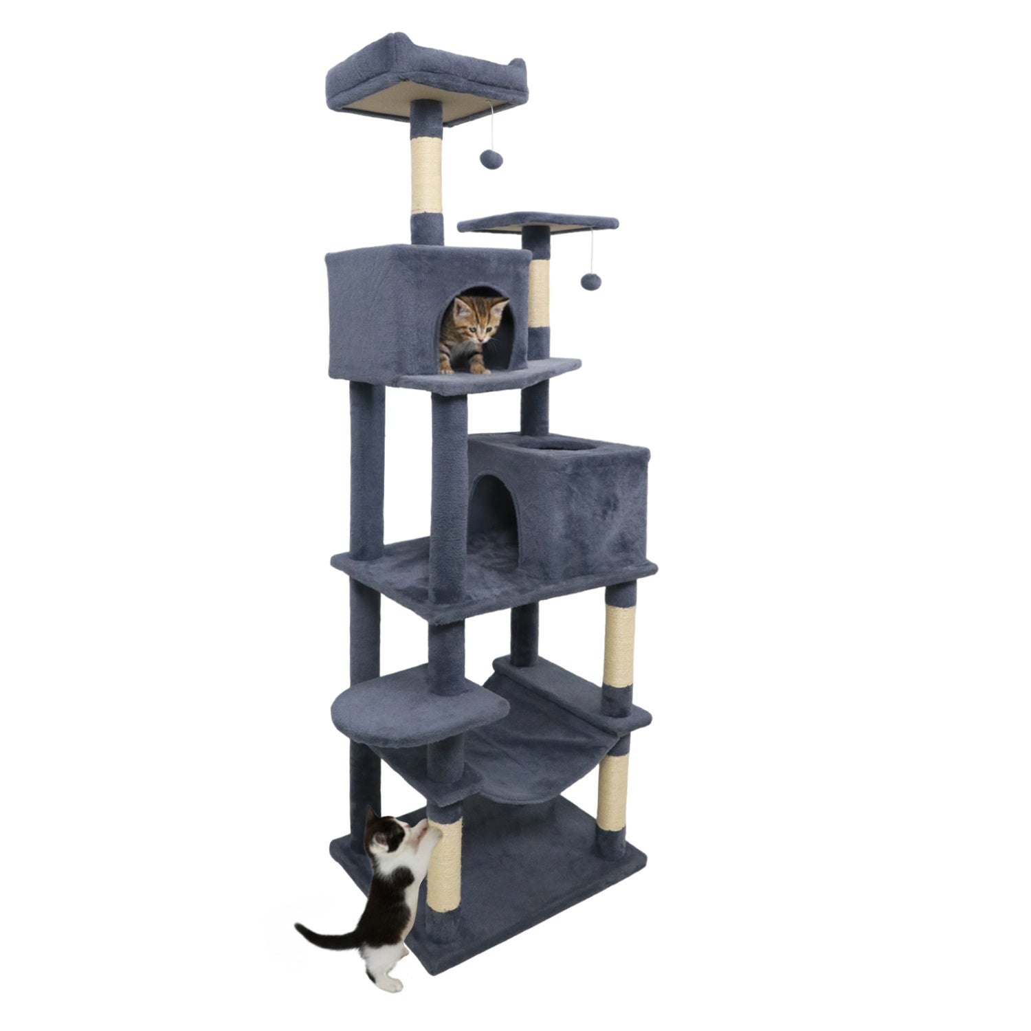 Multi-level Cat Tree Modern Cat Tower with Upholstered Perch and 2 Cat Condo Dark Gray