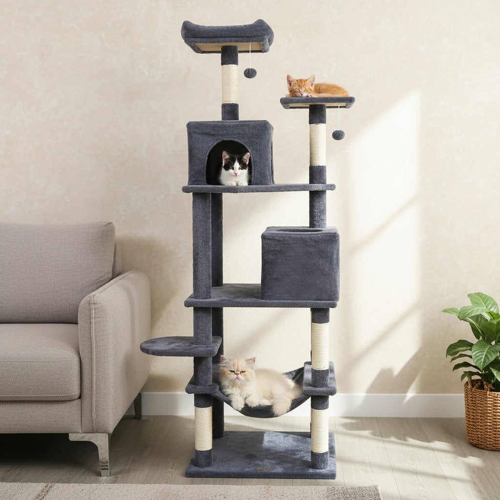 Multi-level Cat Tree Modern Cat Tower with Upholstered Perch and 2 Cat Condo