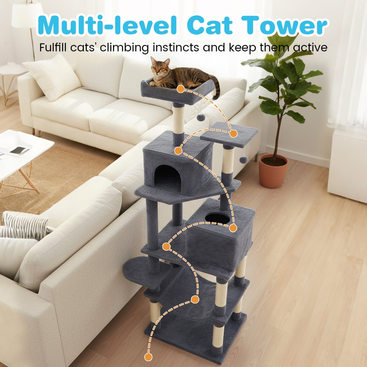 Multi-level Cat Tree Modern Cat Tower with Upholstered Perch and 2 Cat Condo