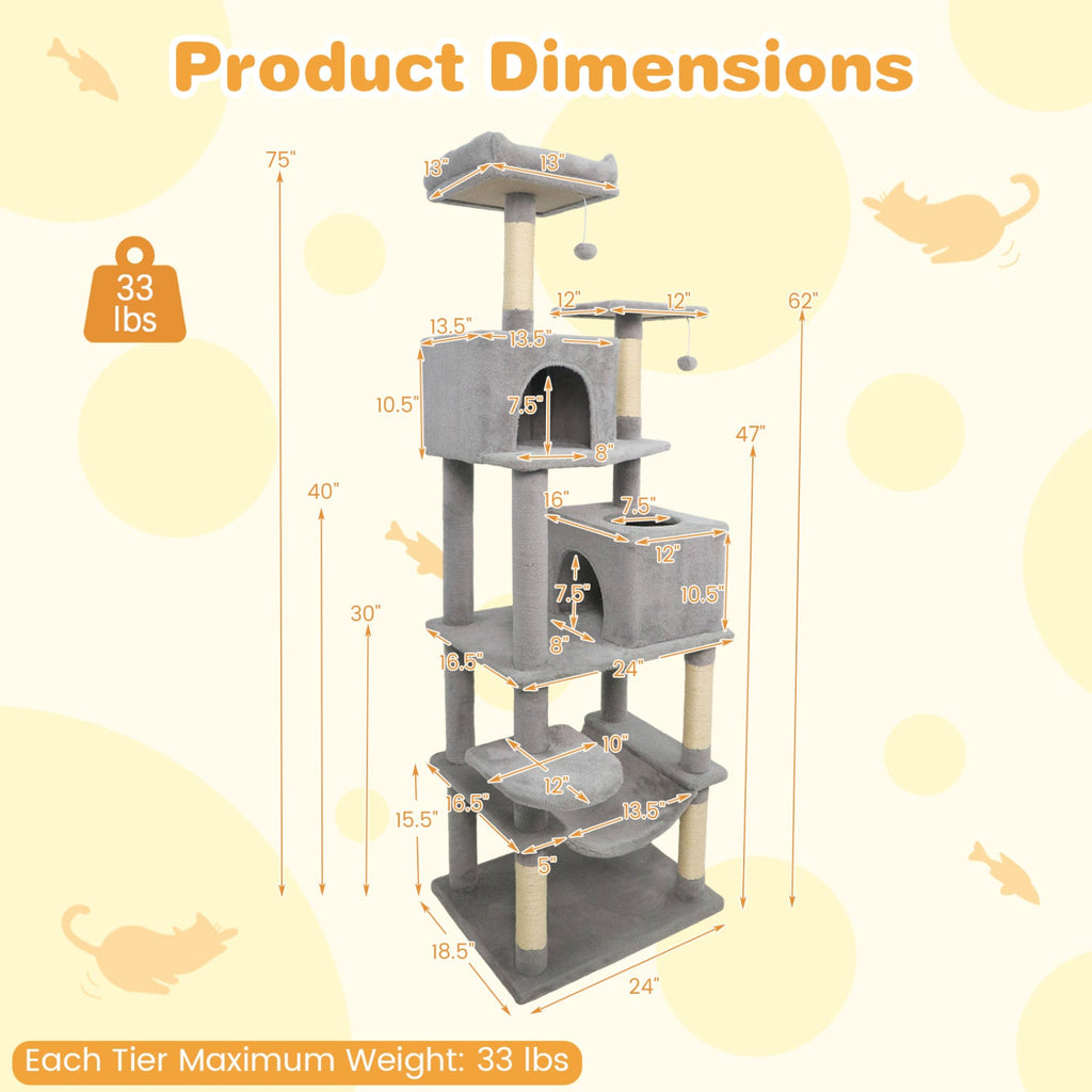 Multi-level Cat Tree Modern Cat Tower with Upholstered Perch and 2 Cat Condo