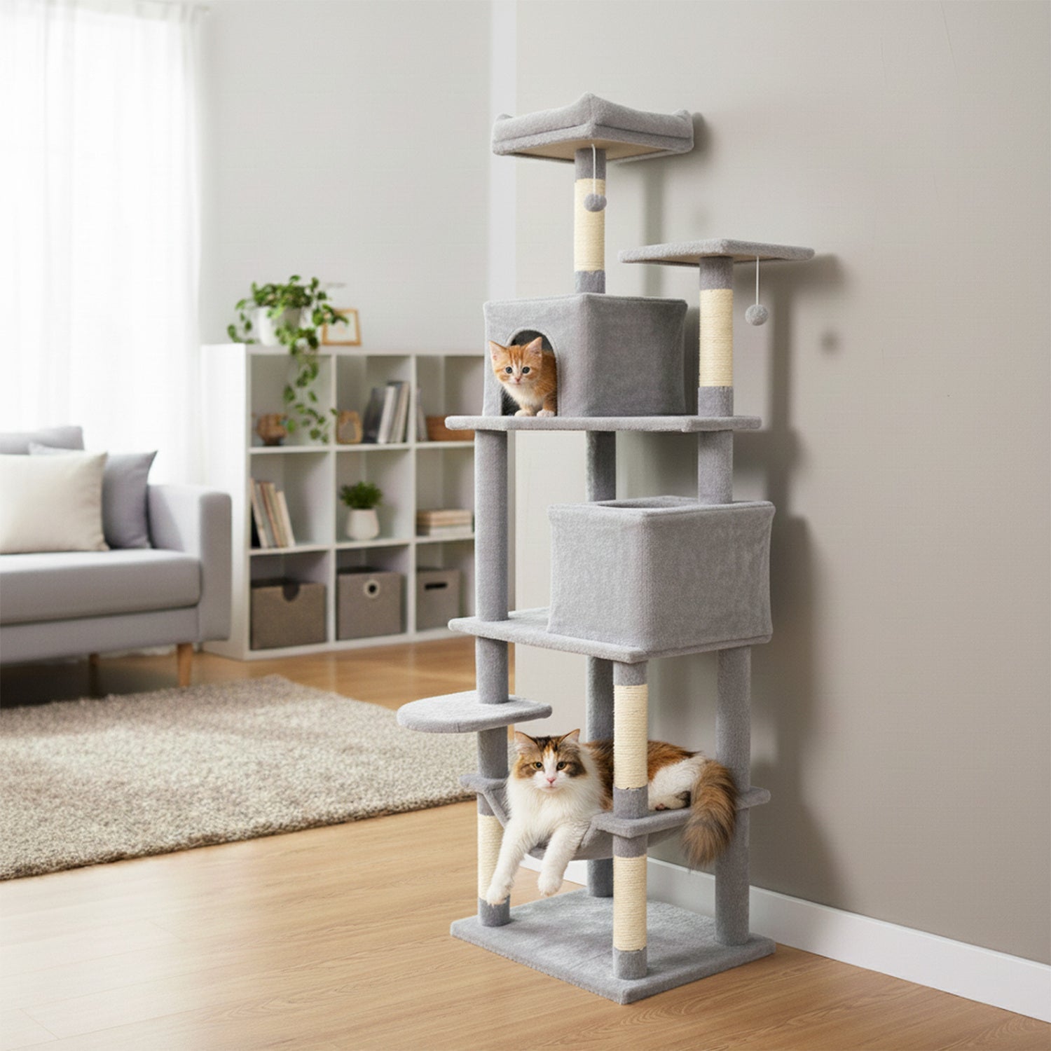 Multi-level Cat Tree Modern Cat Tower with Upholstered Perch and 2 Cat Condo