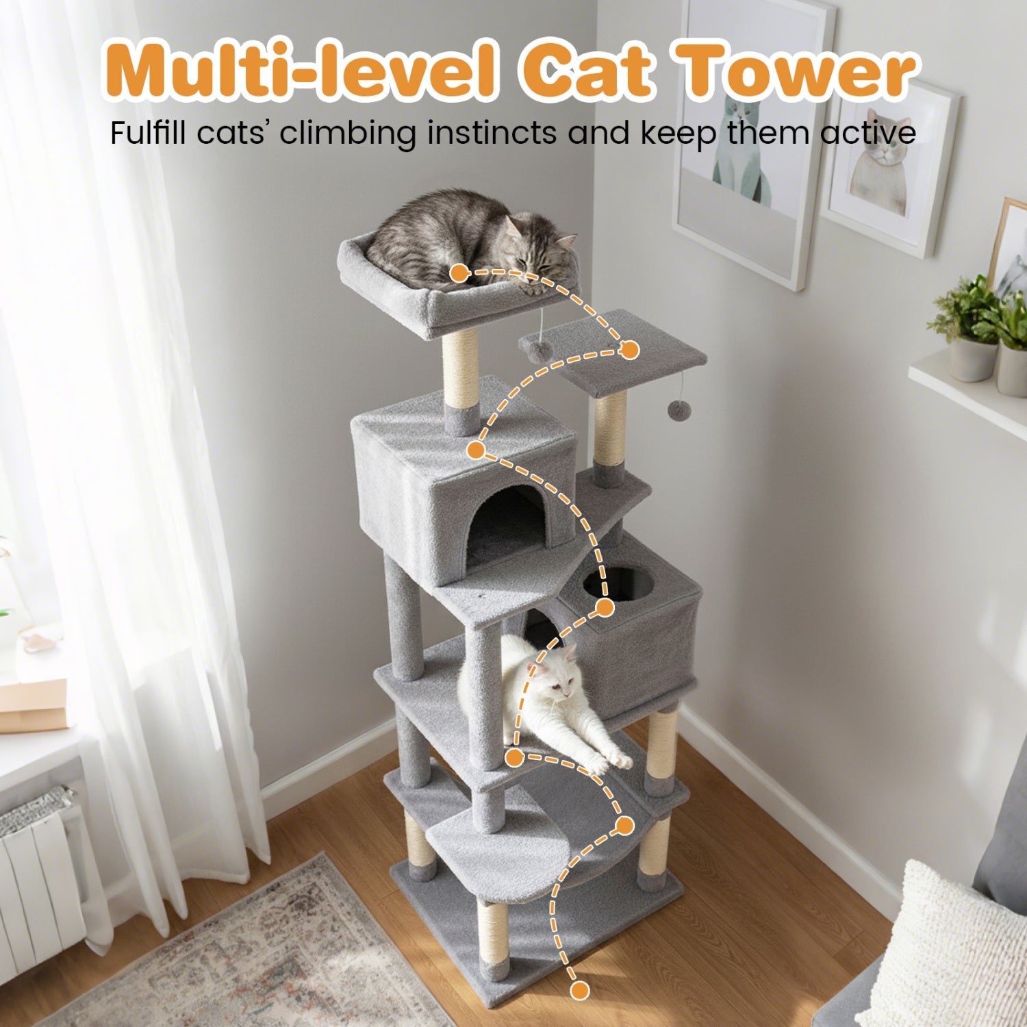 Multi-level Cat Tree Modern Cat Tower with Upholstered Perch and 2 Cat Condo