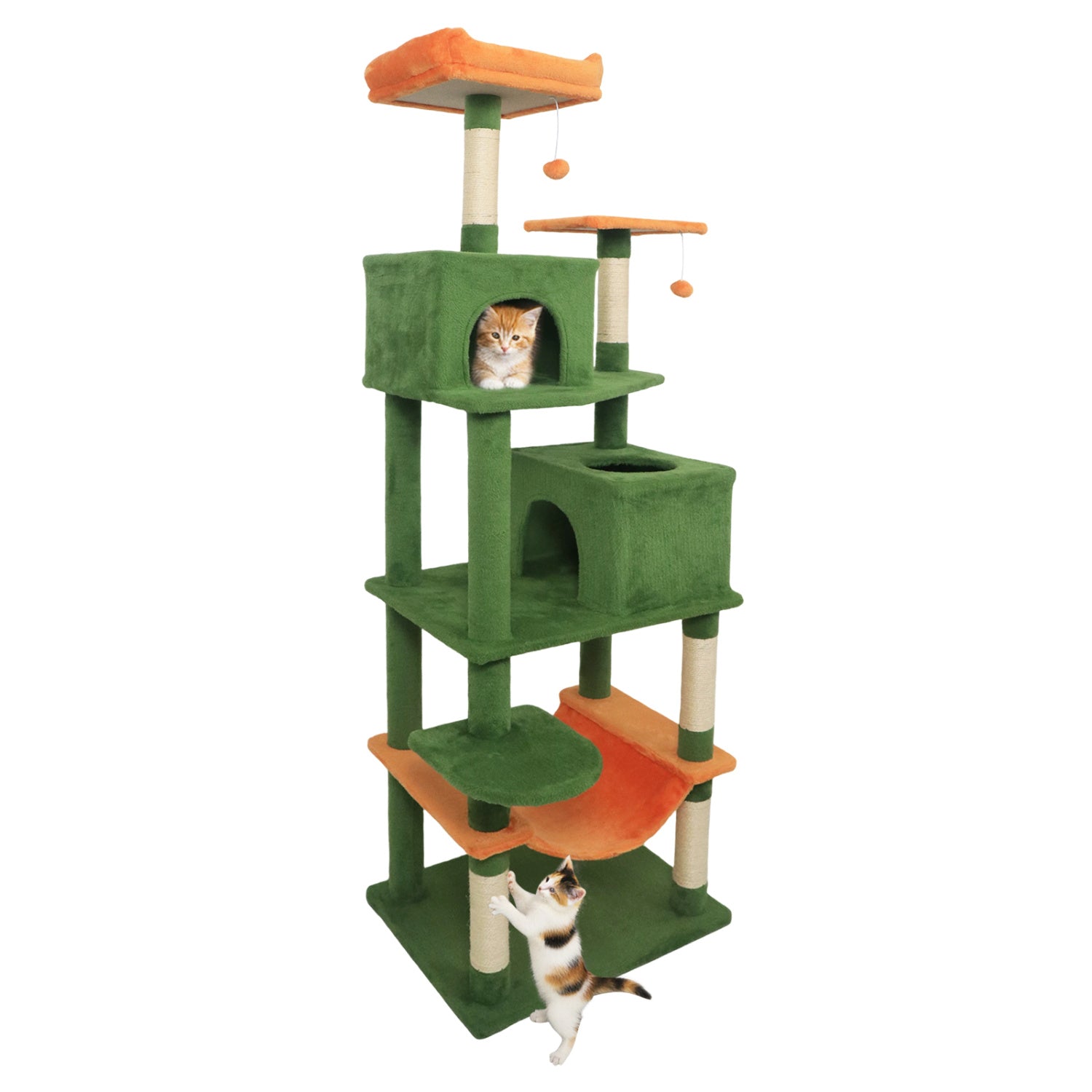 Multi-level Cat Tree Modern Cat Tower with Upholstered Perch and 2 Cat Condo Green