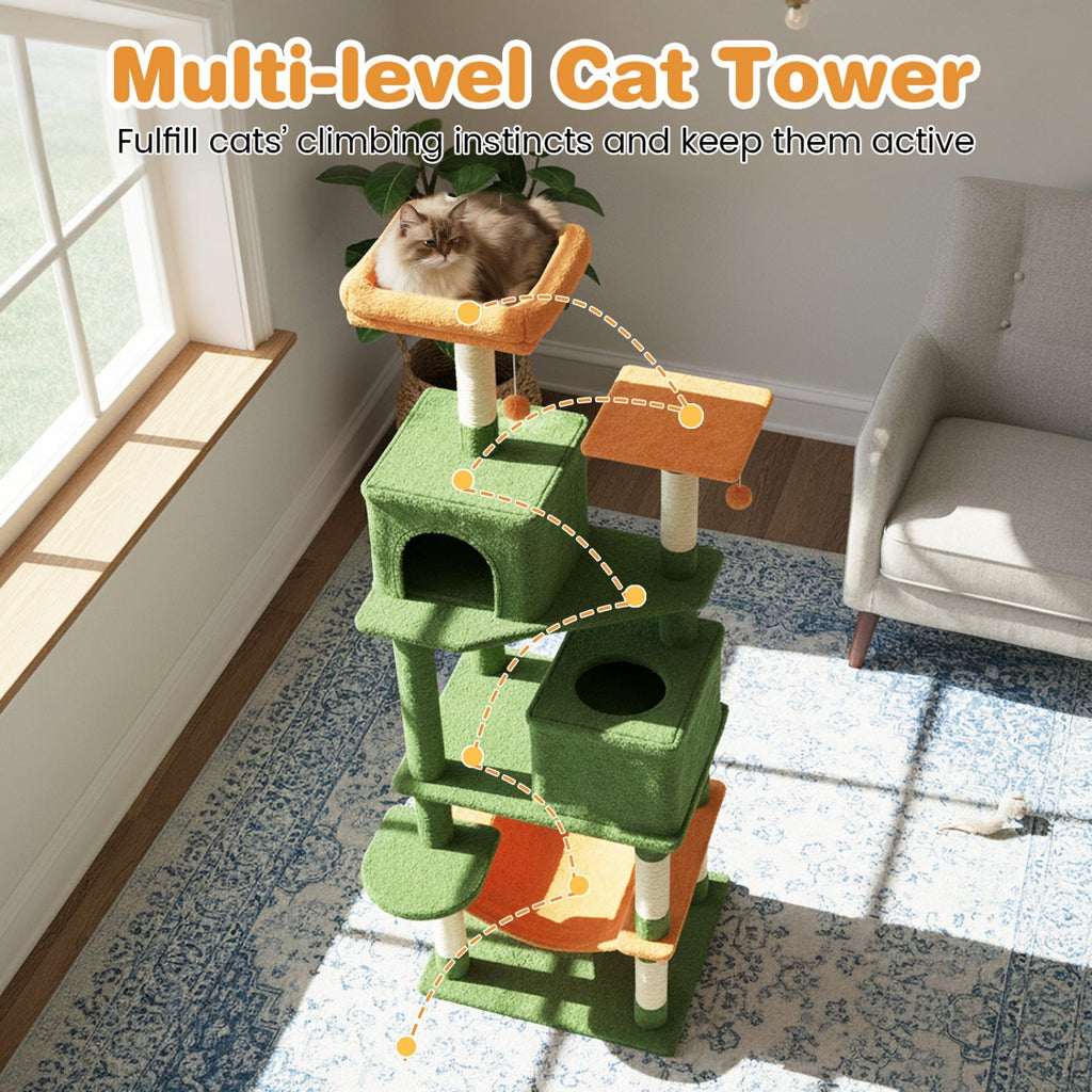 Multi-level Cat Tree Modern Cat Tower with Upholstered Perch and 2 Cat Condo
